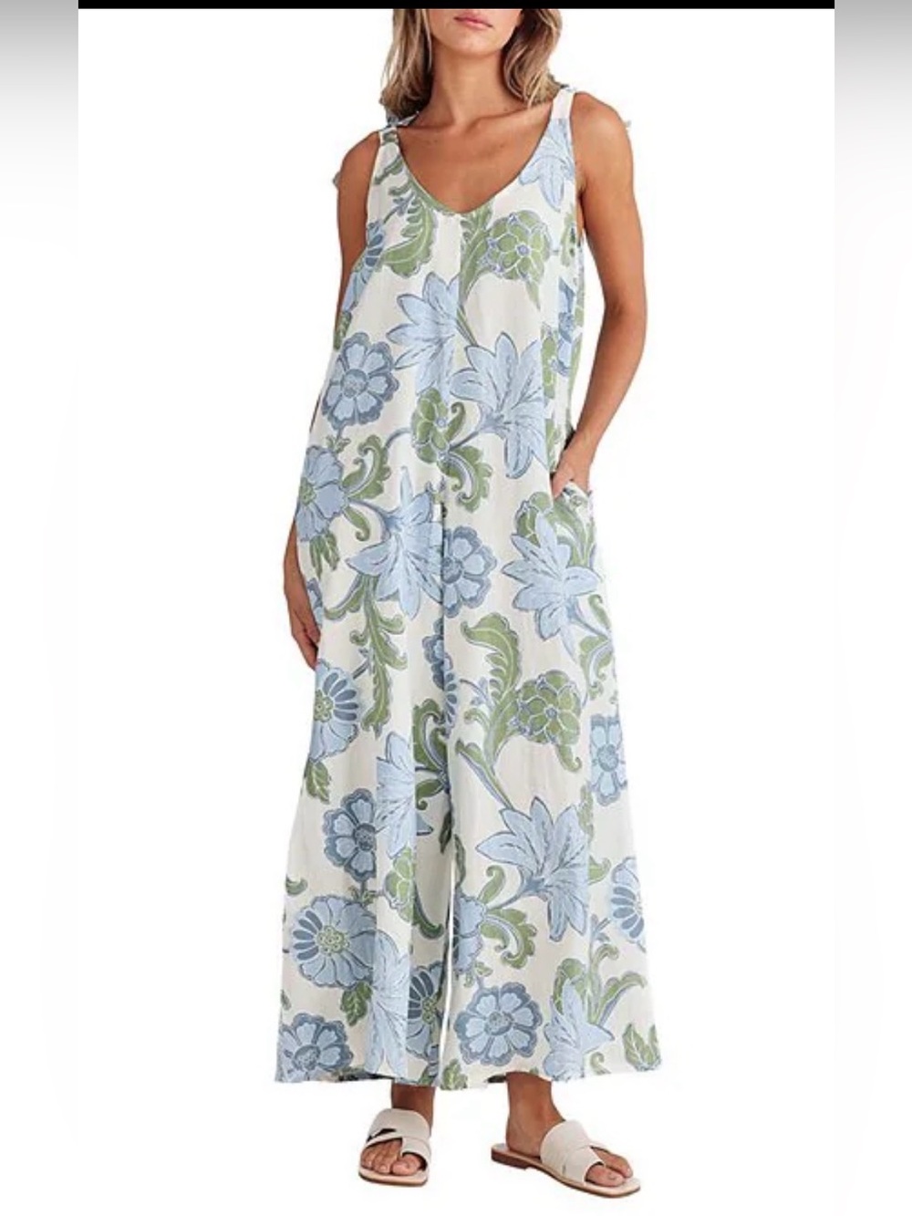 $114 Talisman Ibiza Floral Print Scoop Neck Tie Shoulder Jumpsuit XL Floral